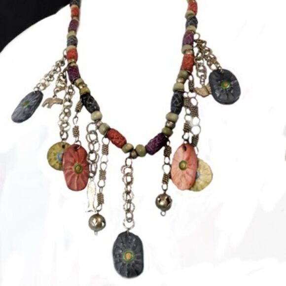 BOHO ARTISAN CERAMIC BEAD CHARM FLOWER NECKLACE 28 - Picture 2 of 6